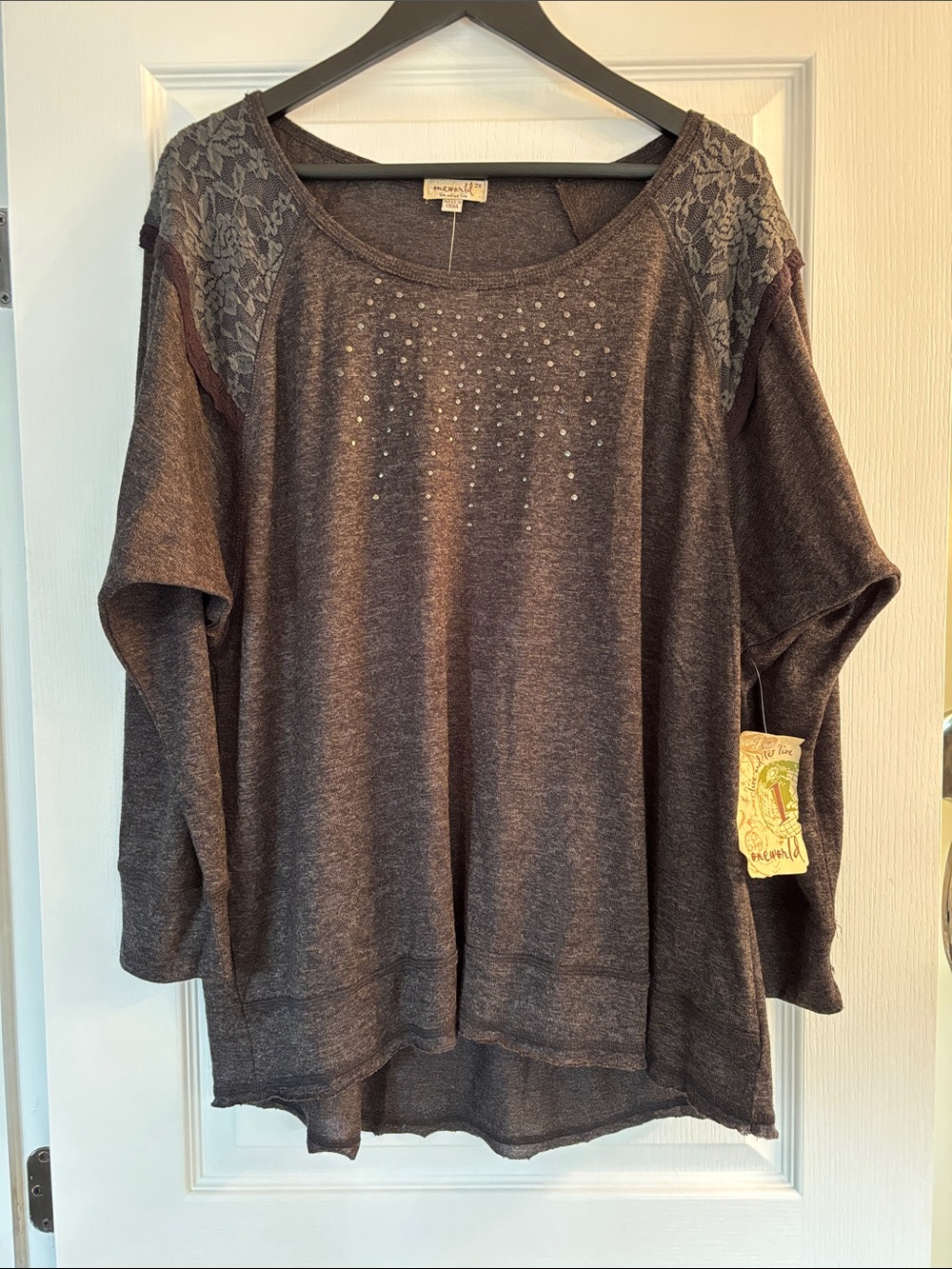 ONE WORLD Charcoal Lace-Shoulder Studded Knit Tunic
